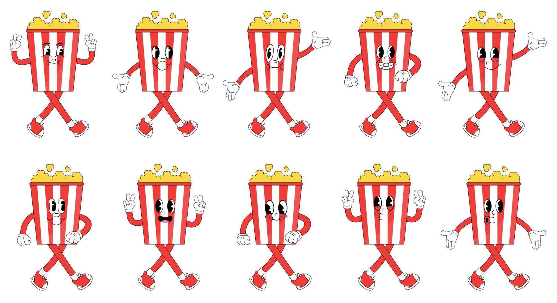 Popcorn. Cute cartoon characters with hands, legs, eyes. Bright comic style. Hand drawn Vector illustration