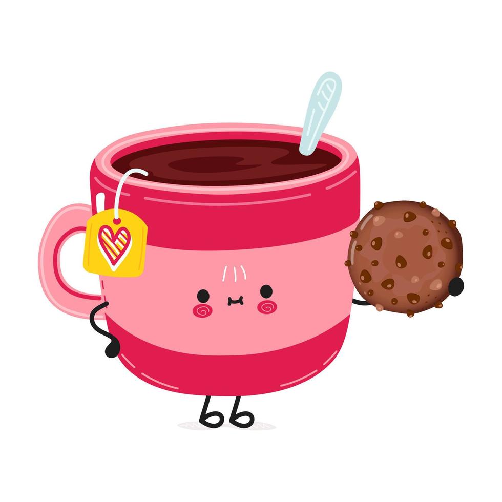 Cute pink cup of tea with chocolate cookies. Vector hand drawn doodle style cartoon character illustration icon design. Card with cute happy pink cup of tea