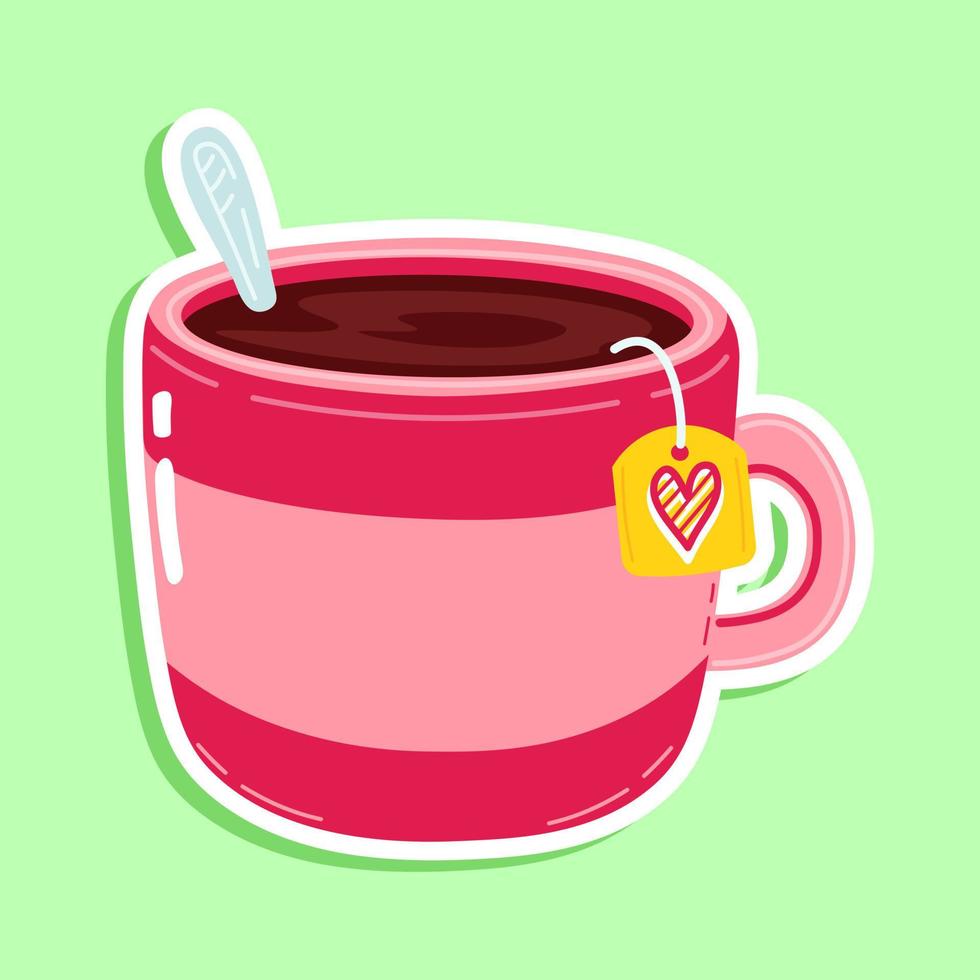 Cute sticker pink cup of tea character. Vector hand drawn cartoon kawaii character illustration icon. Isolated on white background. Pink cup of tea character concept