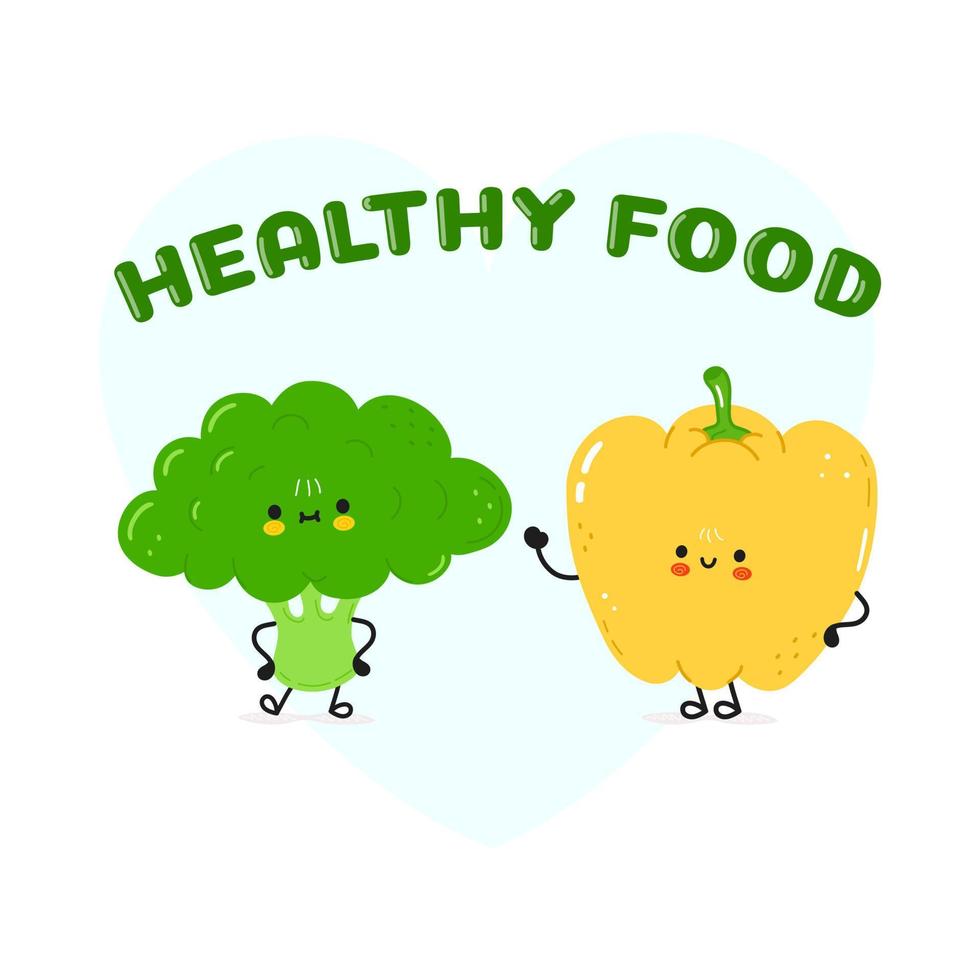 Broccoli and bell pepper card. Vector hand drawn doodle style cartoon character illustration icon design. Happy broccoli and bell pepper friends concept card