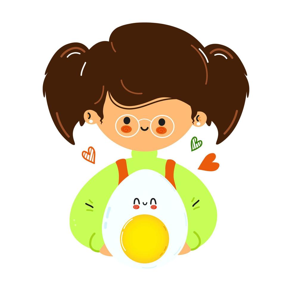 Young cute funny woman hold boiled egg in hand. Girl hugs cute egg. Vector hand drawn doodle style cartoon character illustration icon design. Isolated on white background