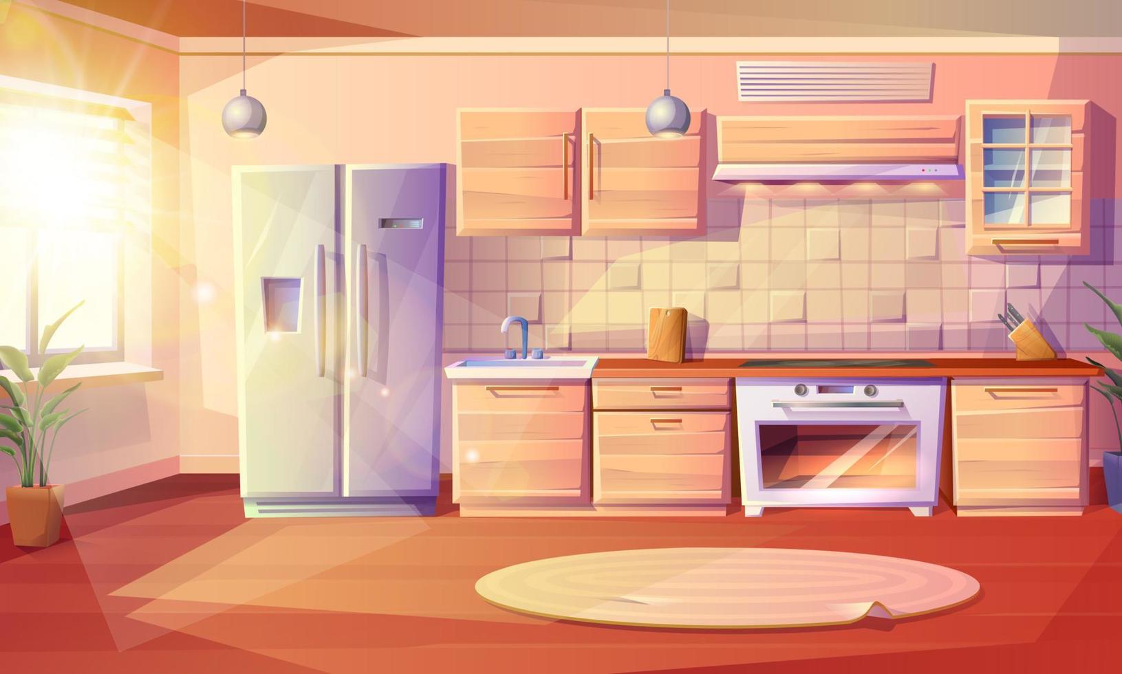 Modern vector cartoon style illustration of kitchen room with fridge, oven with a stove and hob, sink, kabinets and extractor hood with kitchen appliances.