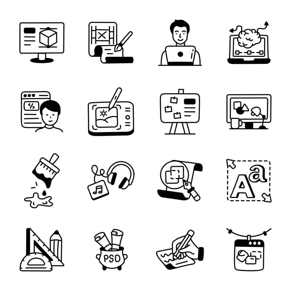 Set of Graphic Designing Hand Drawn Icons vector