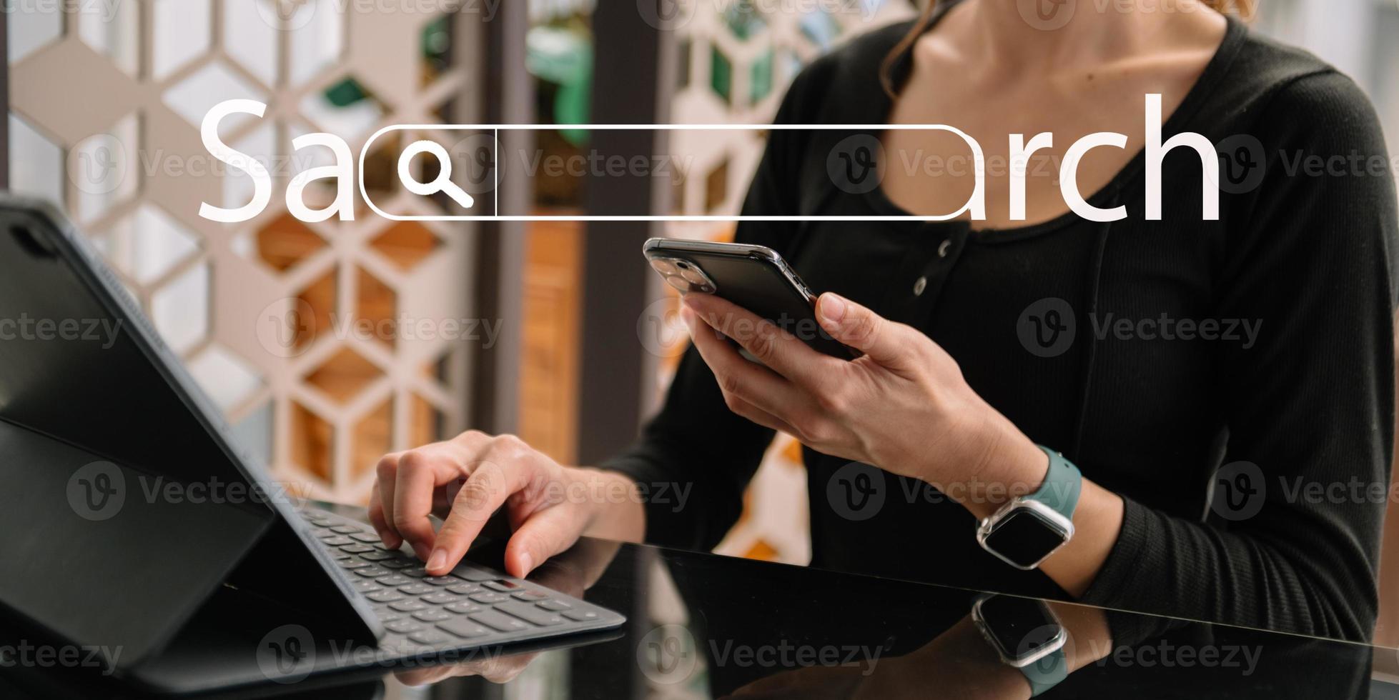 Searching Browsing Internet Data Information Networking Concept. with mobile  and computer virtual icon photo