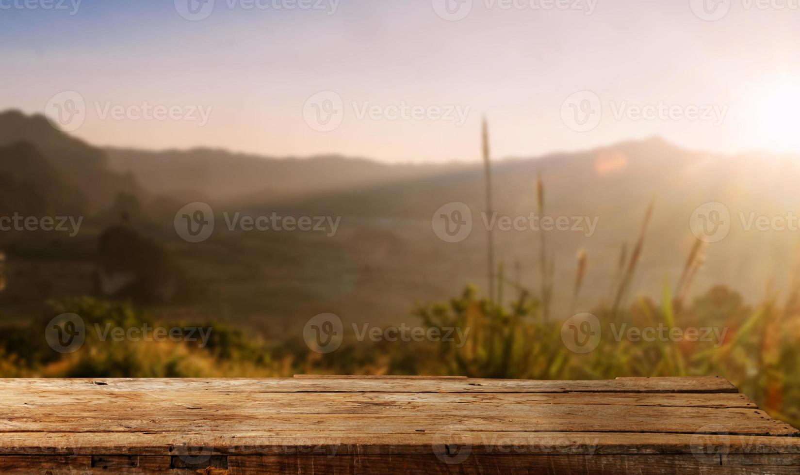 Empty top of wooden shelves on sky mountain and river trees front view background. For product display blur background image, for product display montage. photo