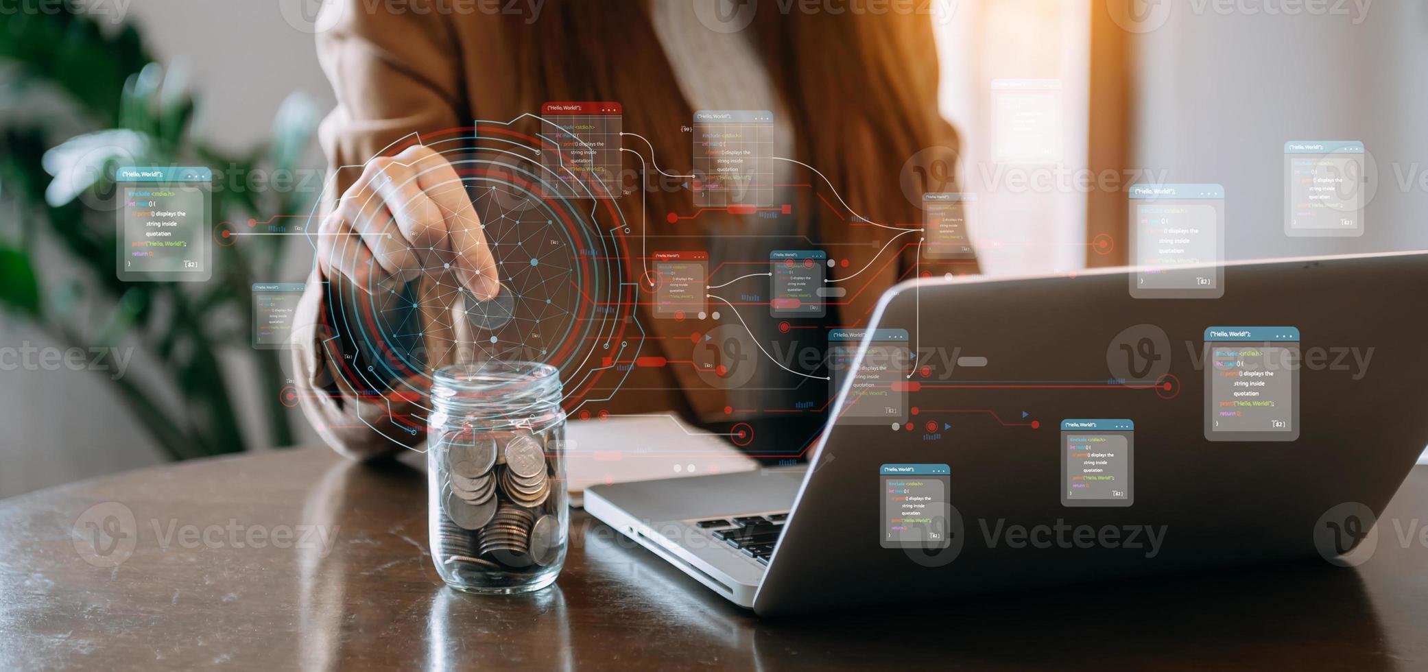 Team colleagues wear formal attire to work together to optimize business processes by using new technologies. high tech hologram in office background photo