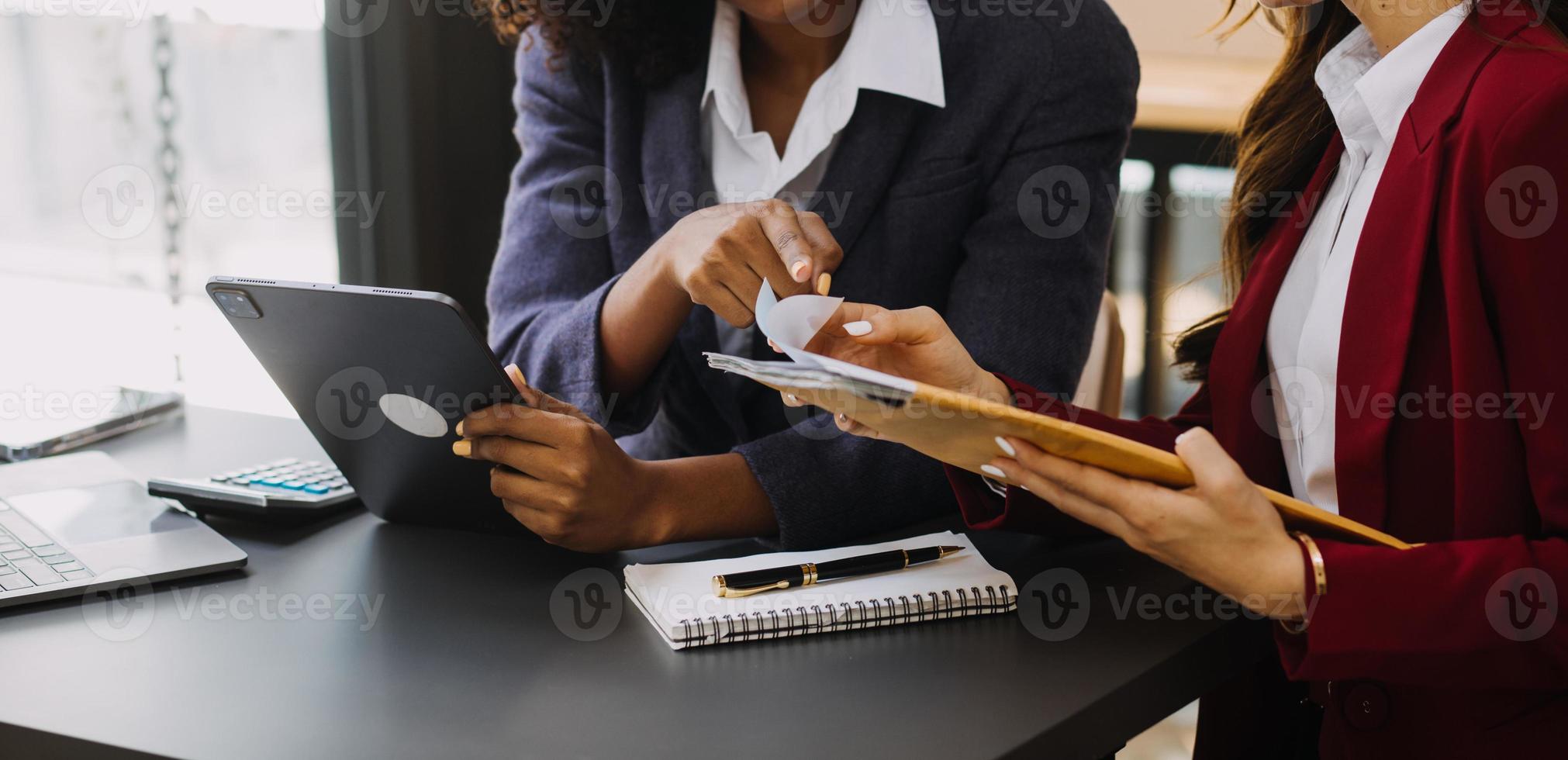 Entrepreneurs and business people conference in modern meeting room, happy multiracial coworkers have fun cooperating working together at office meeting, asian teamwork concept photo