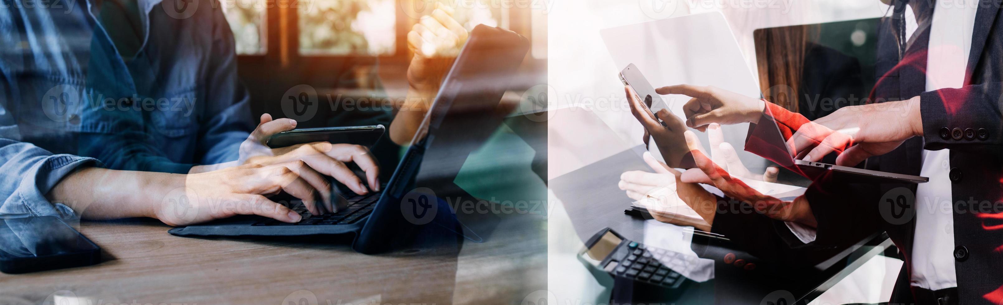 Financial analysts analyze business financial reports on a digital tablet planning investment project during a discussion at a meeting of corporate showing the results of their successful teamwork. photo