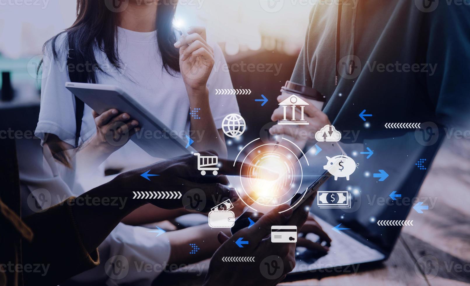 futuristic digital processing of biometric identification fingerprint scanner for access personal financial data. surveillance and security scanning of digital programs cyber futuristic applications photo