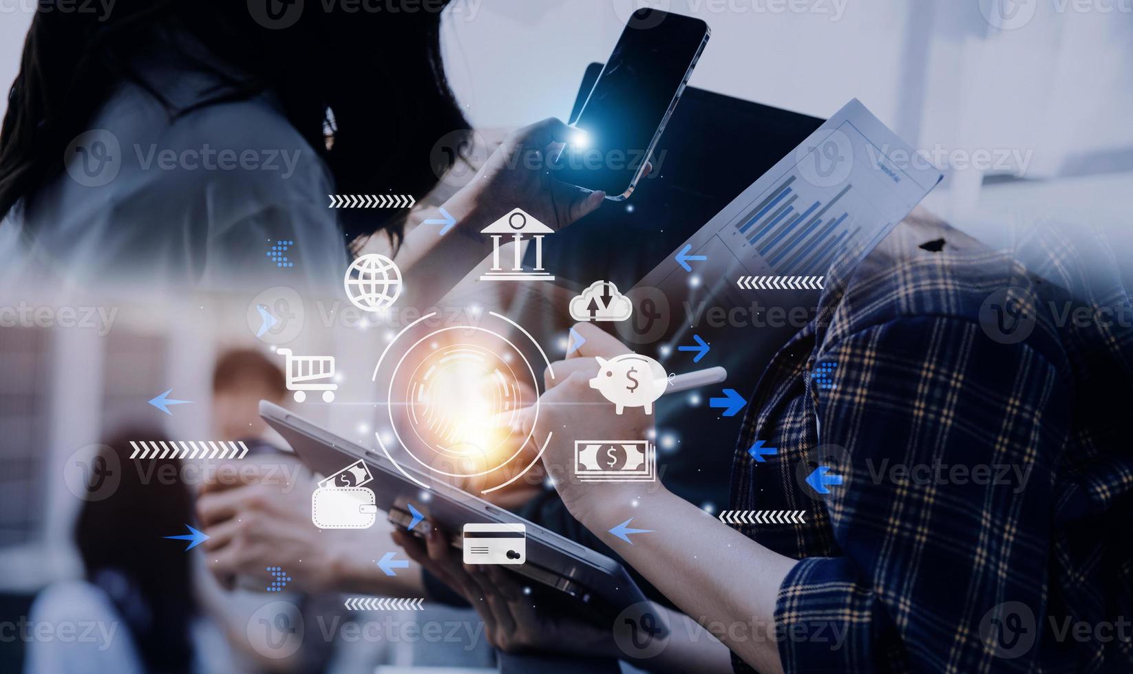 futuristic digital processing of biometric identification fingerprint scanner for access personal financial data. surveillance and security scanning of digital programs cyber futuristic applications photo