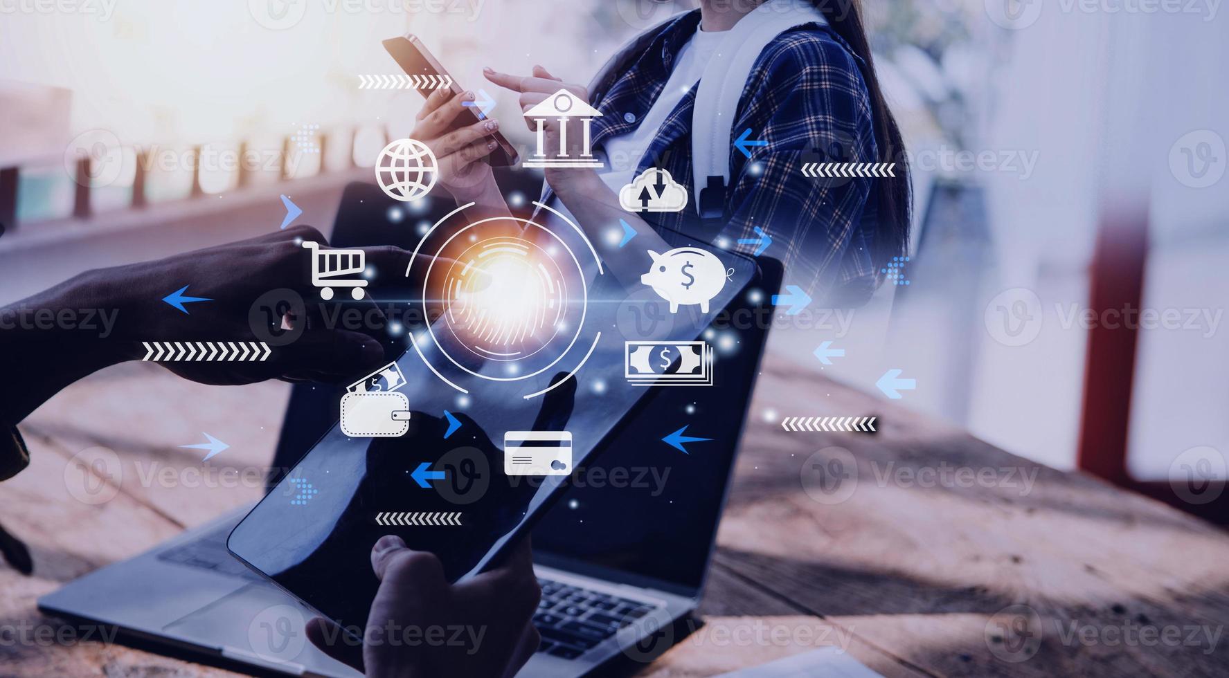futuristic digital processing of biometric identification fingerprint scanner for access personal financial data. surveillance and security scanning of digital programs cyber futuristic applications photo