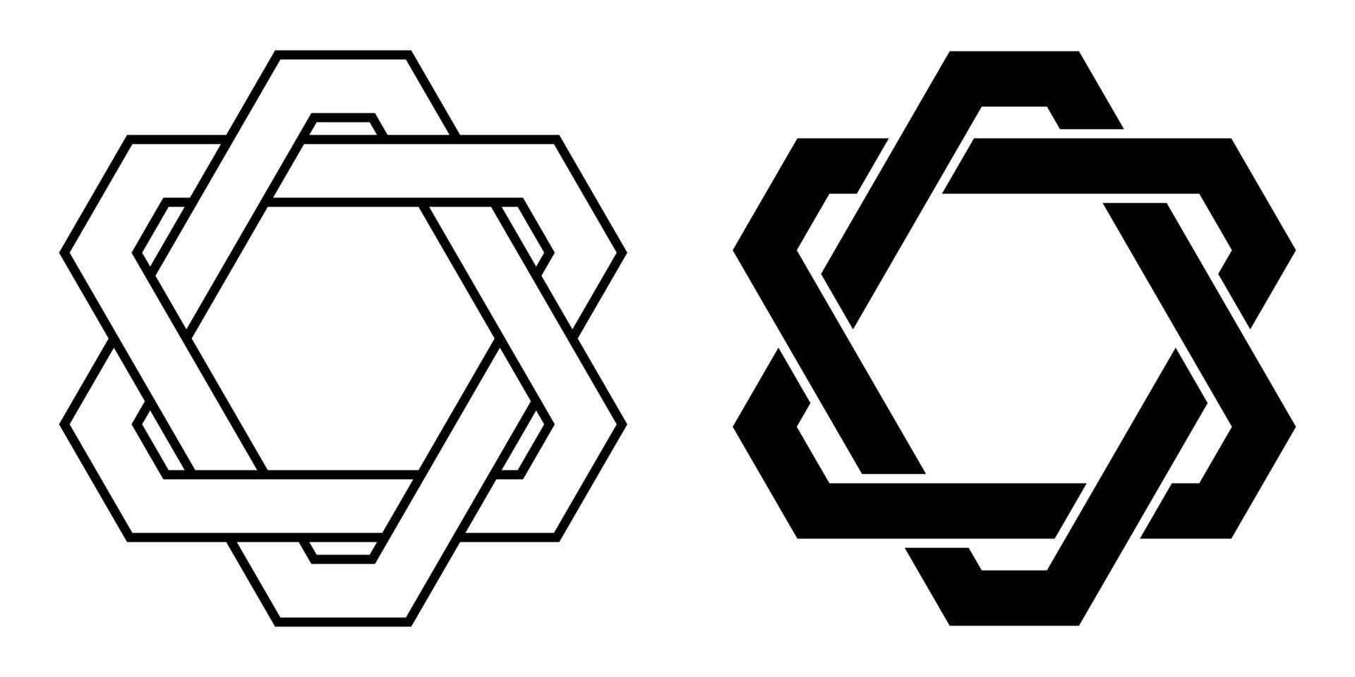 Logo tattoo weaving triangles with cut corners, vector connected triangles, star david with cut corners