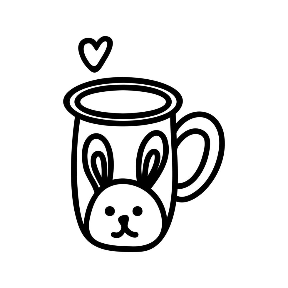 Hand drawn tea or cocoa mug with heart and bunny. Doodle vector illustration