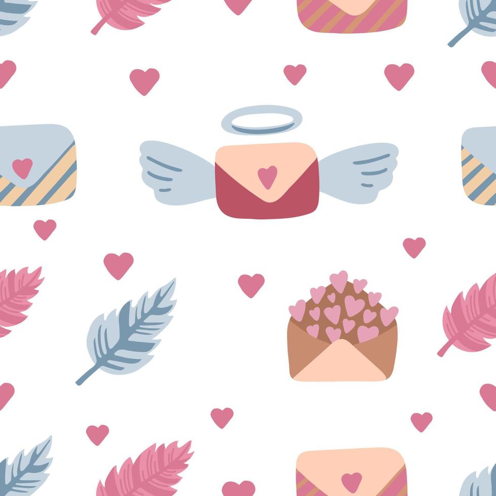 Cute romantic seamless pattern with letters, hearts and feather vector
