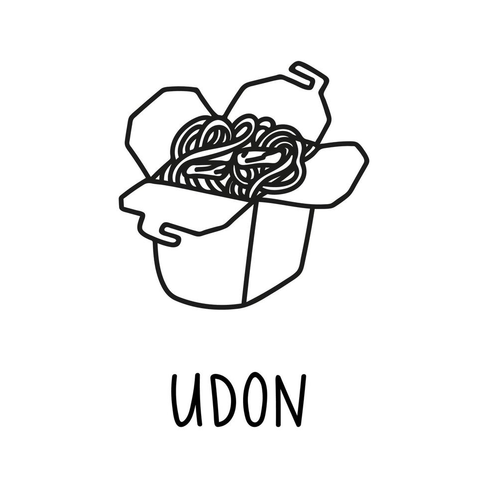 Meat udon take out in hand drawn doodle style. Asian food for restaurants menu vector