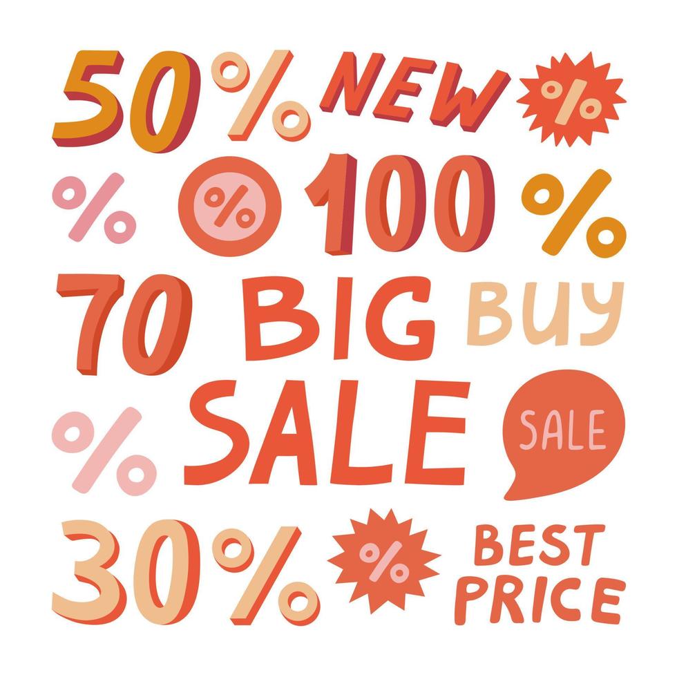 Stickers Big sale and numbers discount in flat vector style. Hand drawn vector illustration