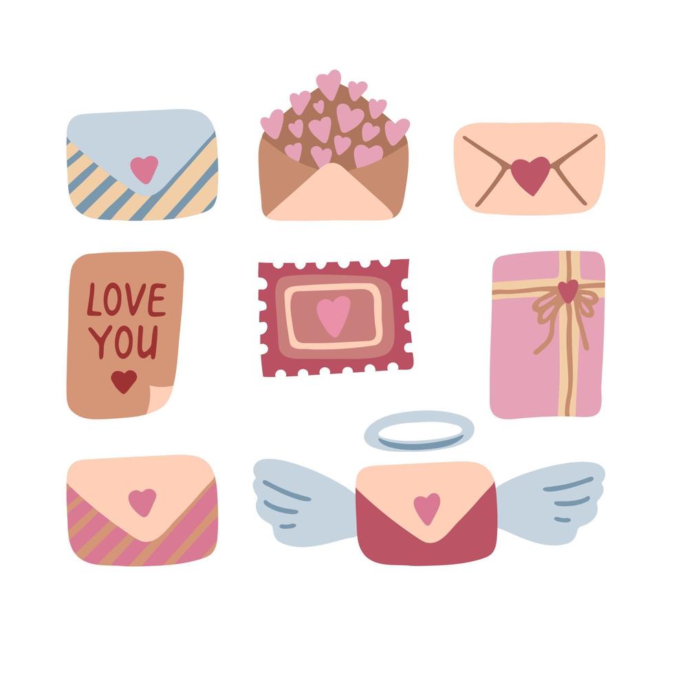 Cute doodle love letter and gift with heart clipart. Hand drawn vector illustration