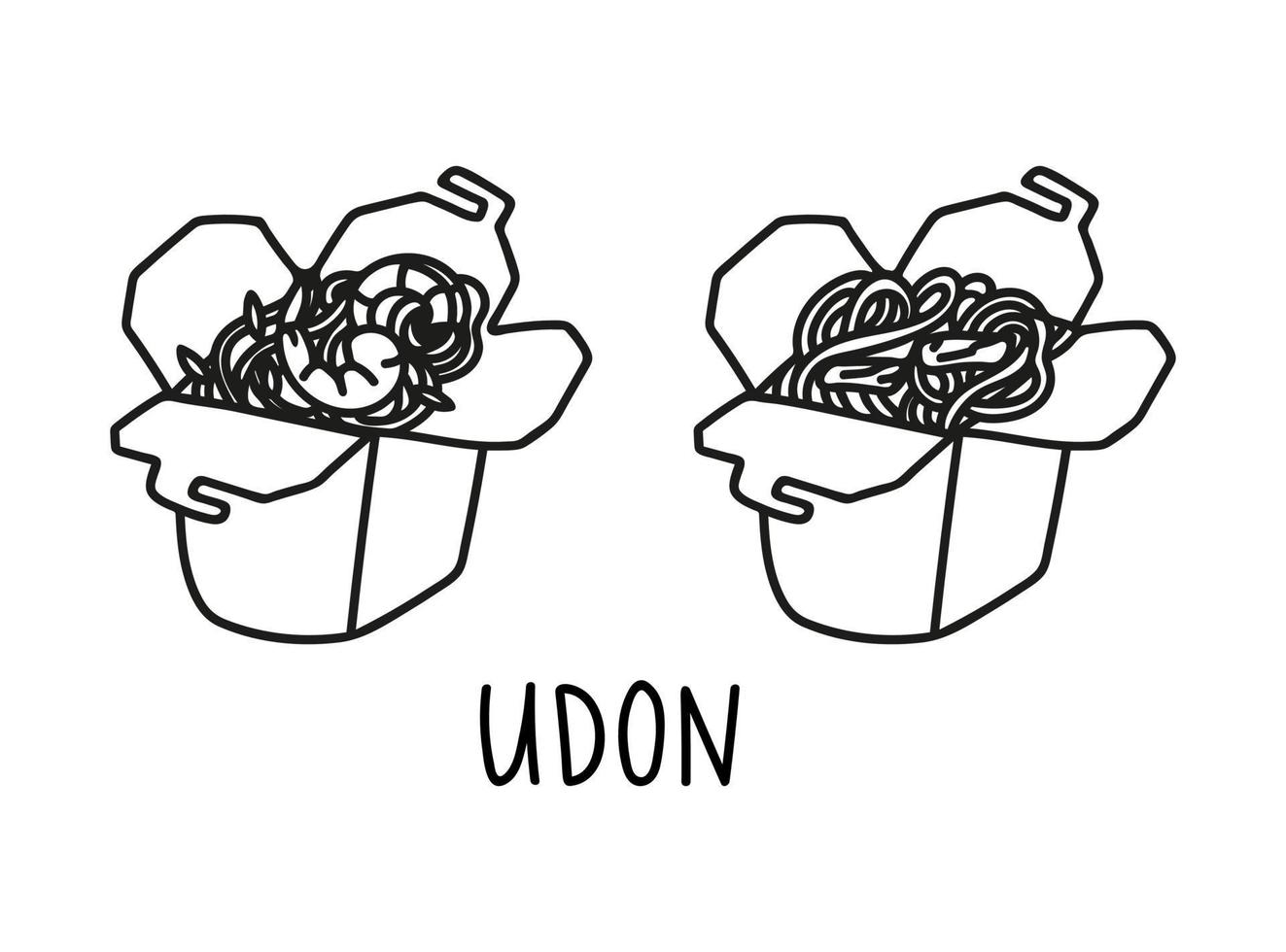 Udon noodles take out in hand drawn doodle style. Asian food for restaurants menu vector