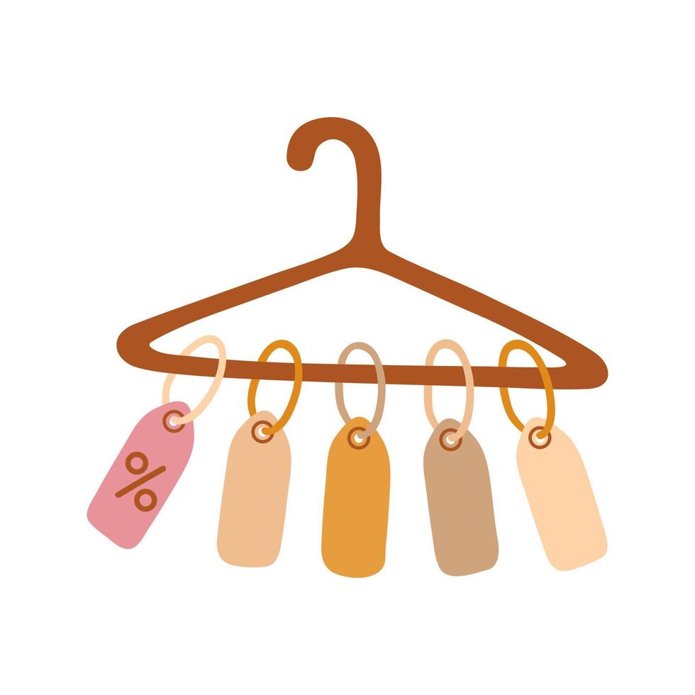 Color shopping labels on hanger in flat vector style. Hand drawn vector illustration about sale