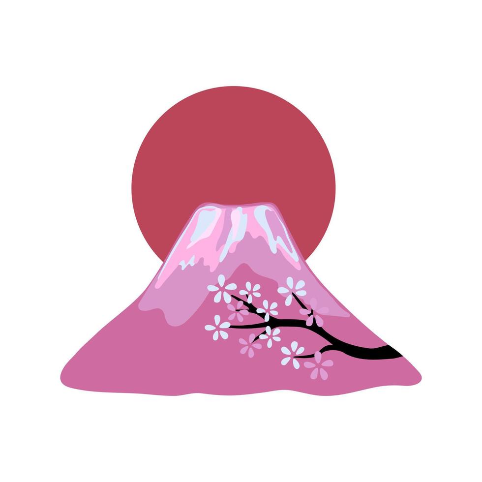 Japanese mountain Fujiyama with sakura tree and big sun in vector hand drawn style.