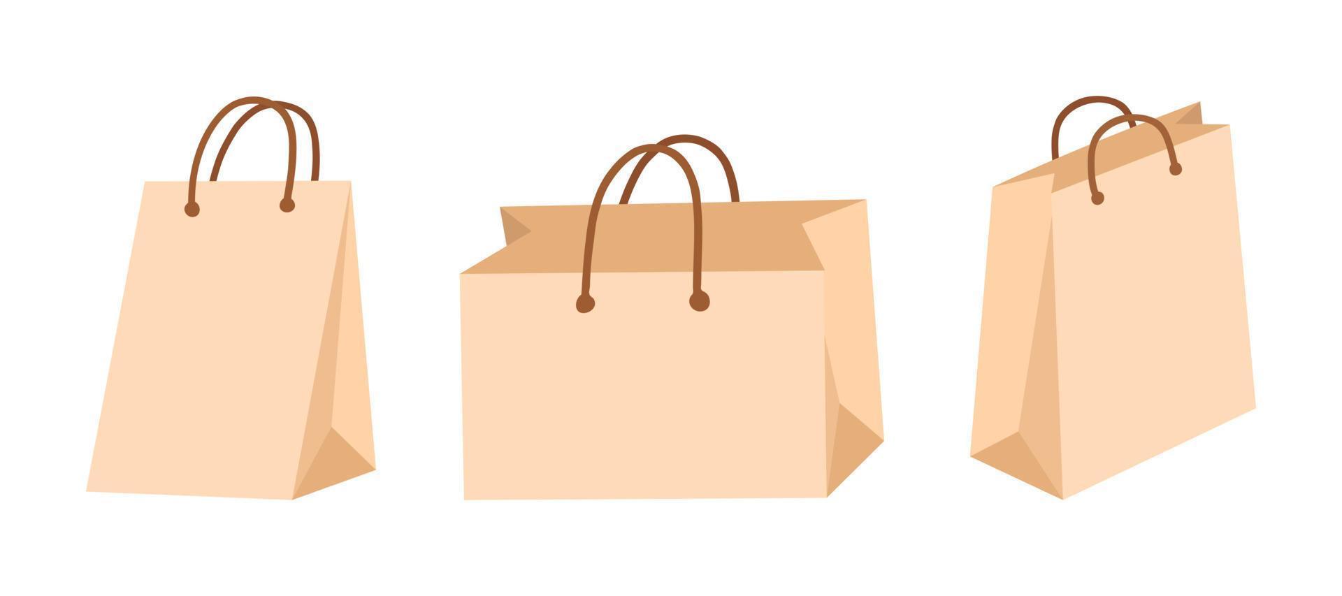Craft paper bag set in flat vector style. Hand drawn vector illustration shopping