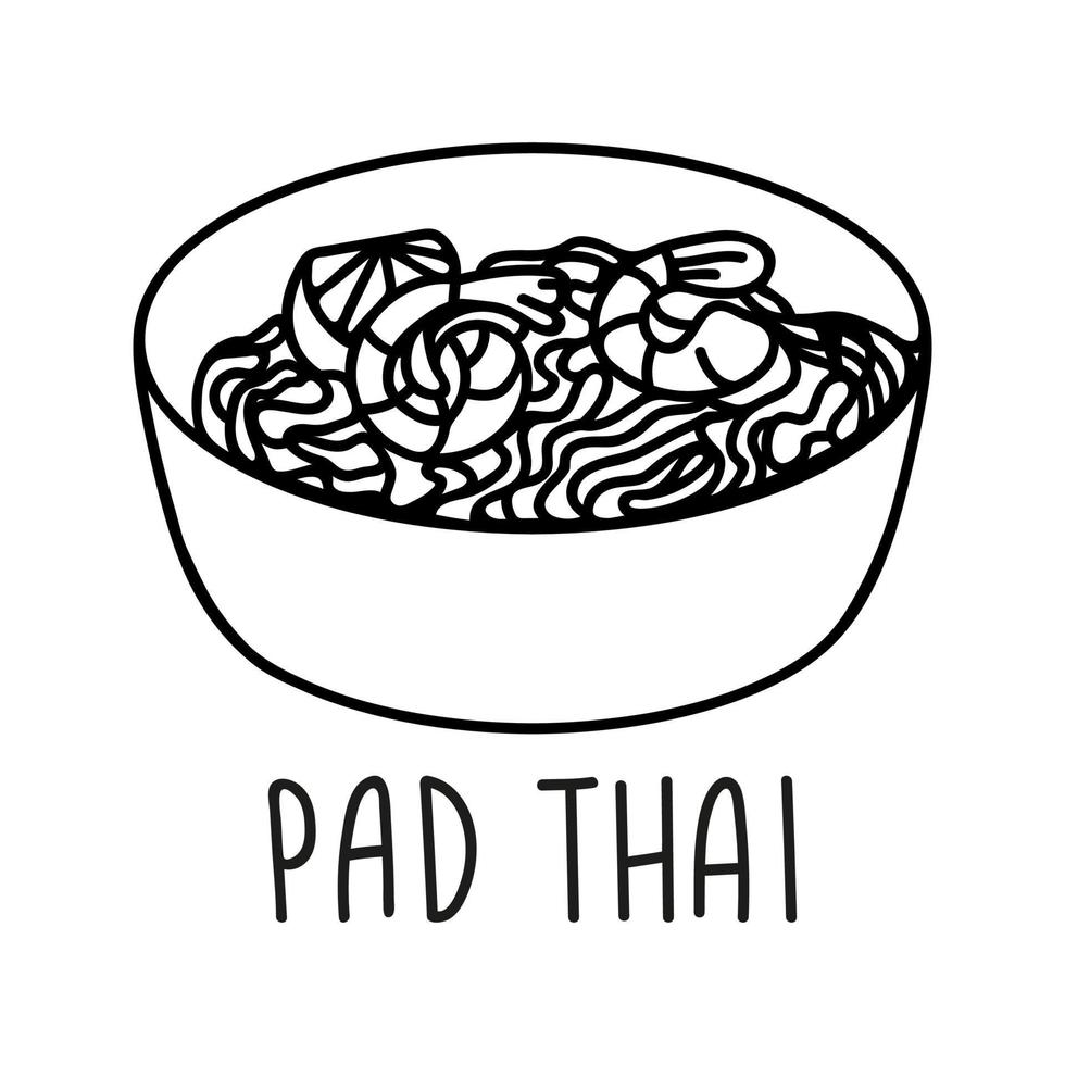 Pad thai noodle bowl in hand drawn doodle style. Asian food for restaurants menu vector