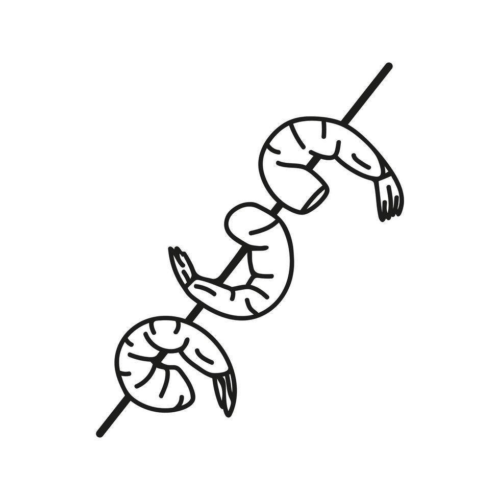 Fried shrimp skewer in hand drawn doodle style. Asian food for restaurants menu vector