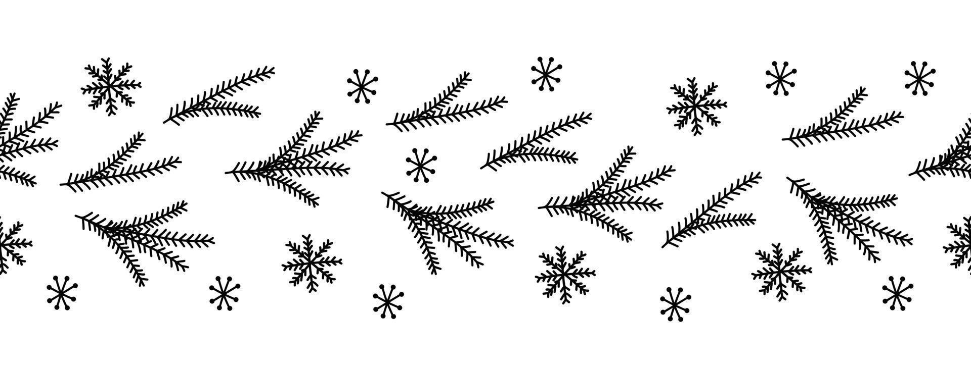 Winter seamless brush with snowflakes and Christmas tree twigs. Doodle vector illustration