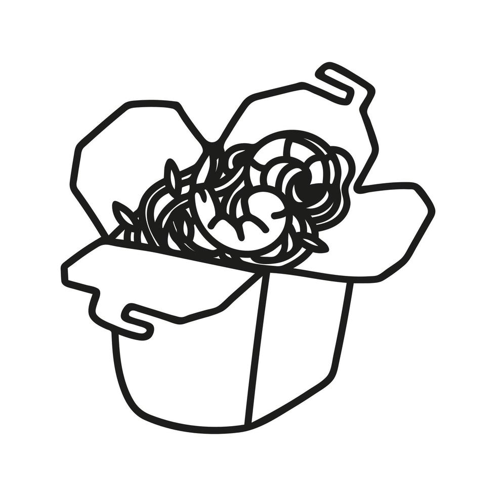 Shrimp udon take out in hand drawn doodle style. Asian food for restaurants menu vector