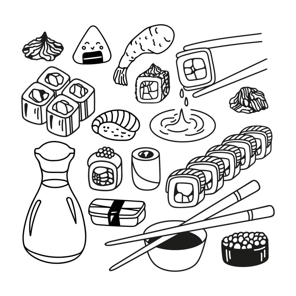 Japanese sushi roll set in hand drawn doodle style. Asian food for restaurants menu vector