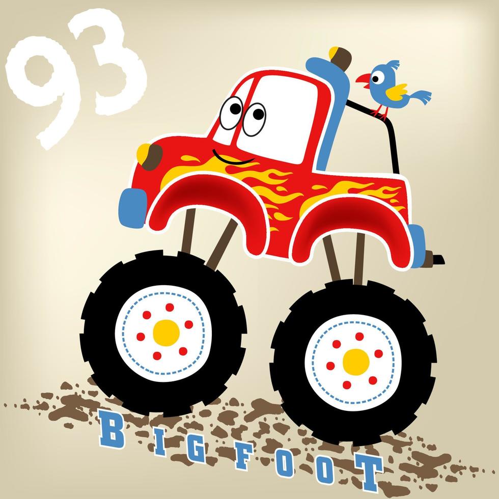 Funny monster truck with a little bird, vector cartoon illustration