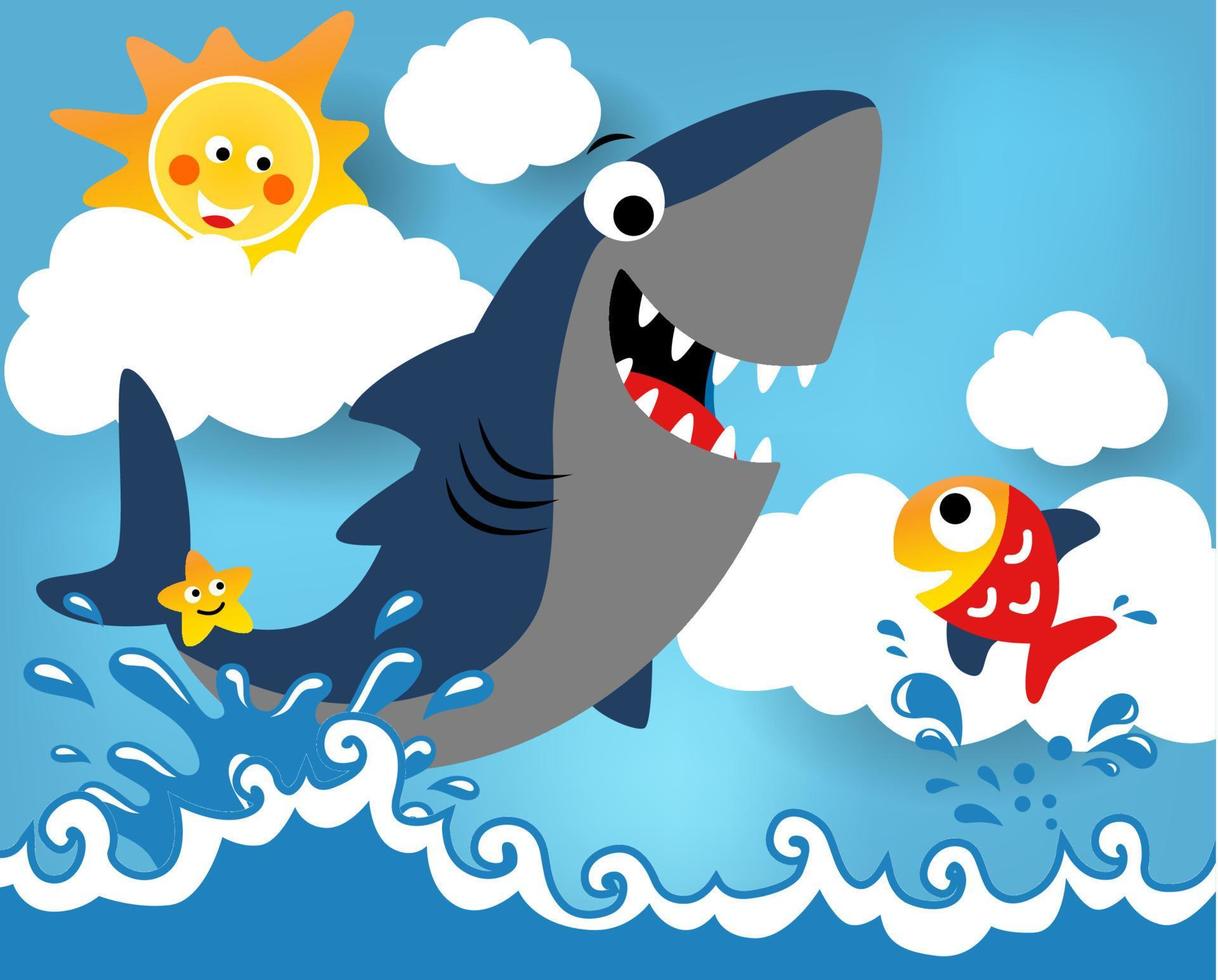 Funny shark with starfish and little fish, smiling sun behind clouds, vector cartoon illustration