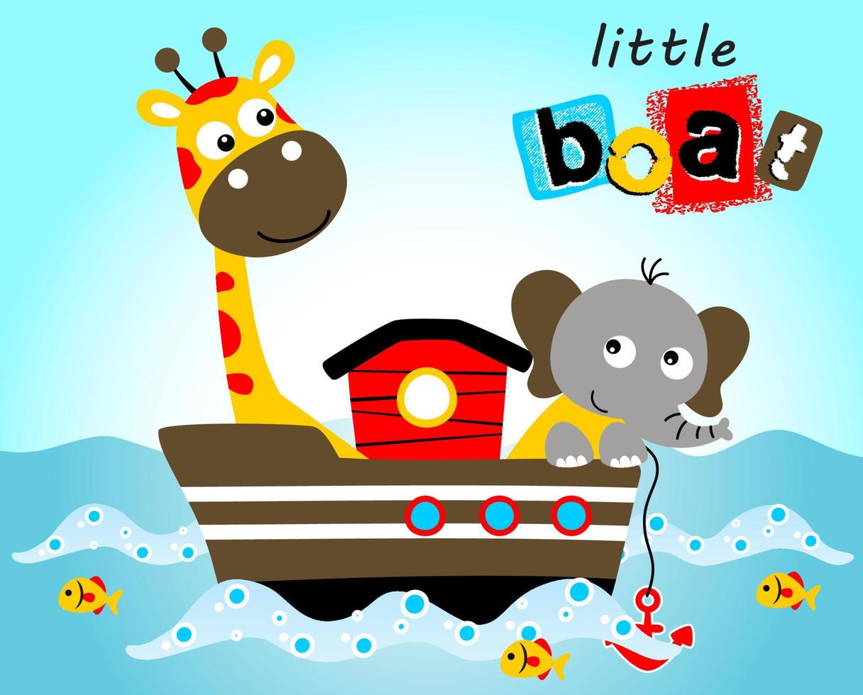 linda jirafa con elefante en barco en el mar, vector dibujos animados ilustración