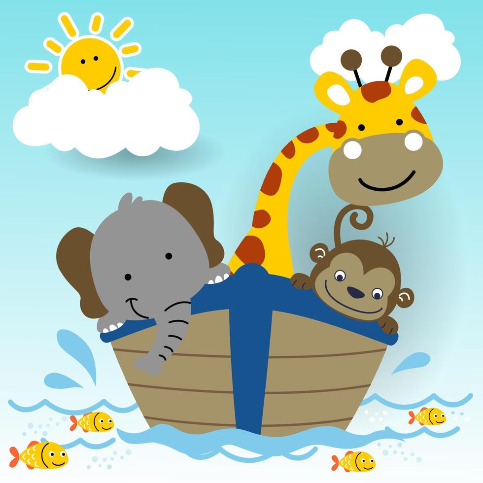 cute animals on boat with fishes in water, sun behind clouds on blue sky background, vector cartoon illustration