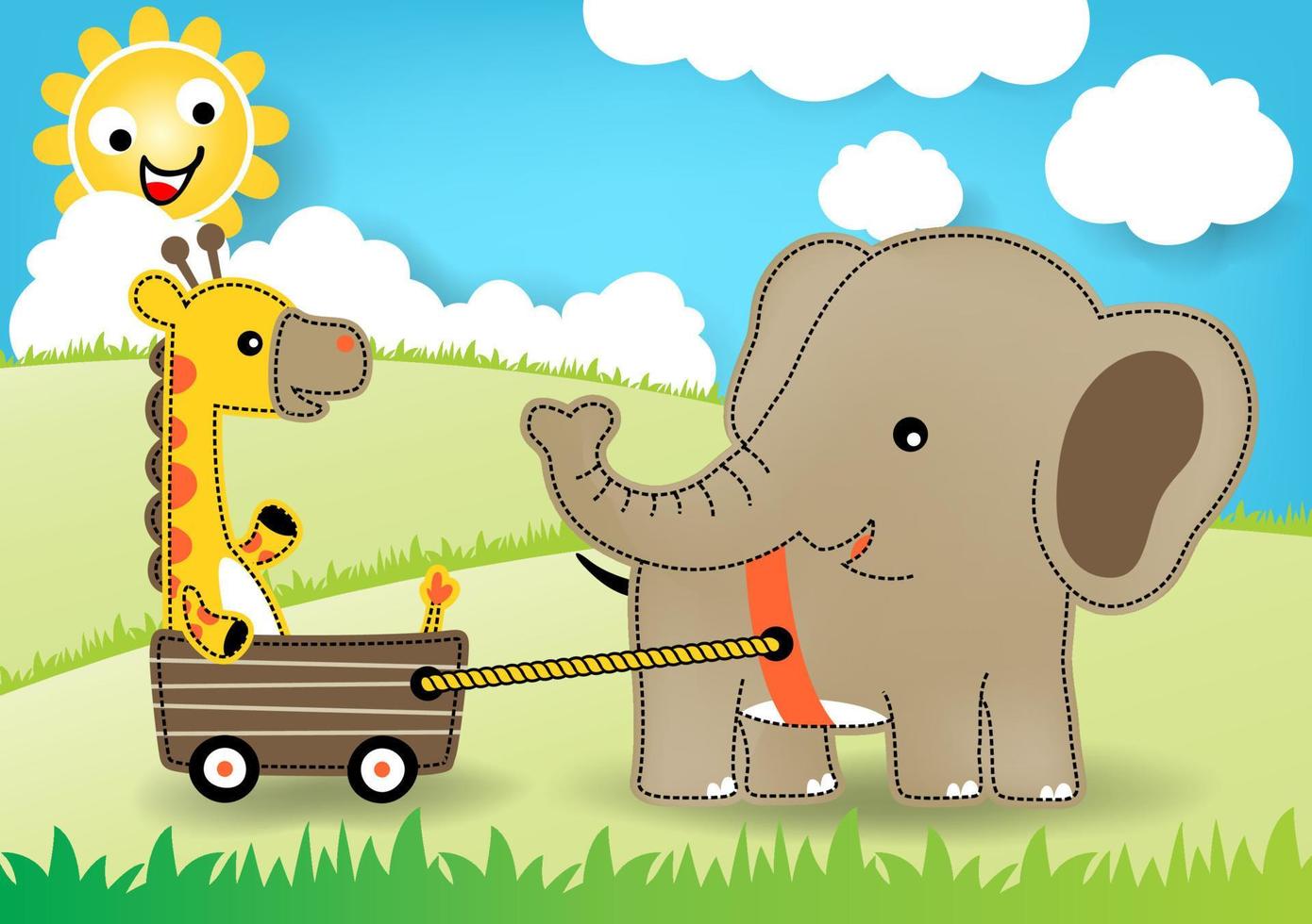Cute elephant pulling giraffe with cart in meadow on blue sky background, smiling sun behind clouds, vector cartoon illustration