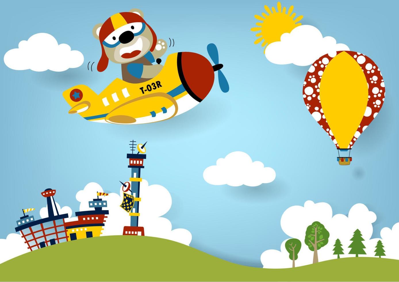 Funny bear on airplane with hot air balloon on airport scenery background, vector cartoon illustration