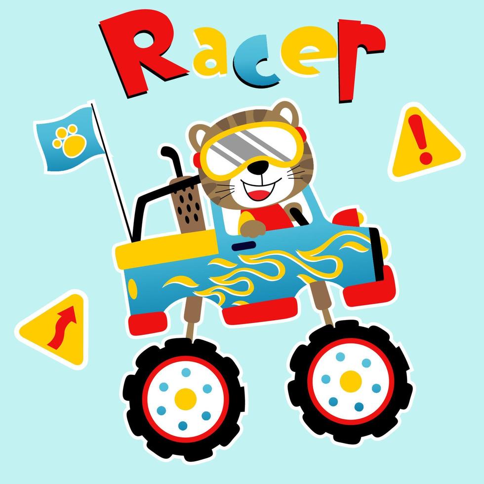 Cute kitten on monster truck, vector cartoon illustration