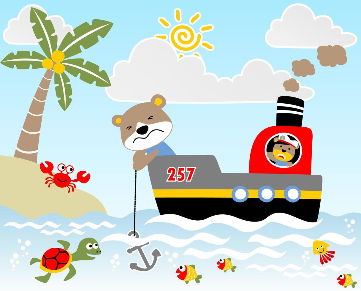 Funny bear on the ship, marine animals in the beach, vector cartoon illustration