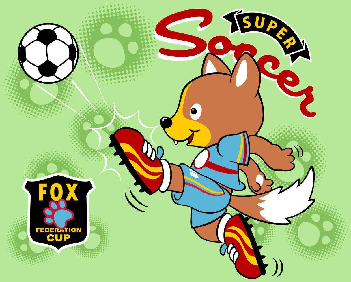 Funny fox in soccer jersey playing soccer with soccer element, vector cartoon illustration