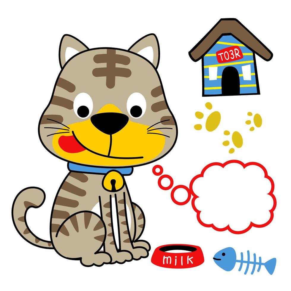 linda gatito con Leche bol, pescado hueso y gato jaula, vector dibujos animados ilustración