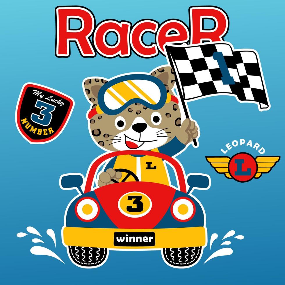 gracioso leopardo en carreras coche participación terminar bandera, carreras coche elementos, vector dibujos animados ilustración