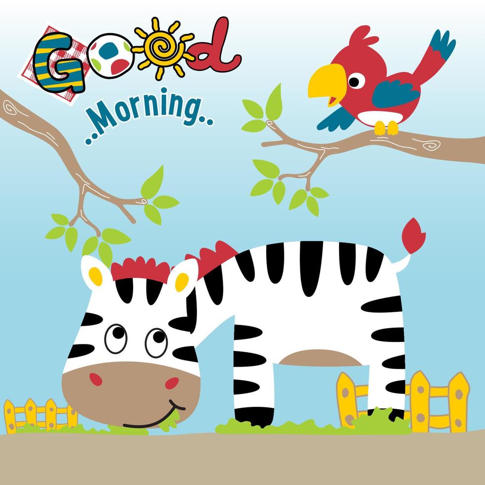 Funny zebra eating grass, bird on tree branches, vector cartoon illustration