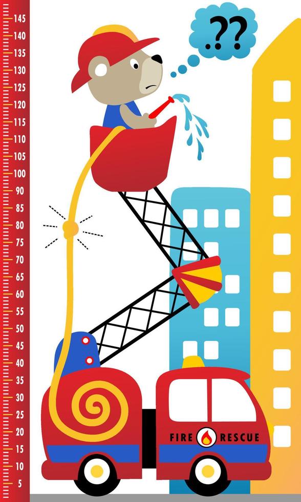 meter wall with funny bear on crane in rescue, firetruck with buildings, vector cartoon illustration