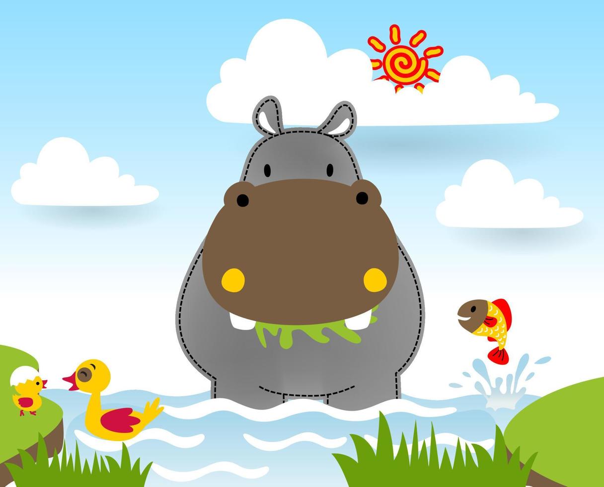 Cute hippopotamus with little friends in the swamp, vector cartoon illustration