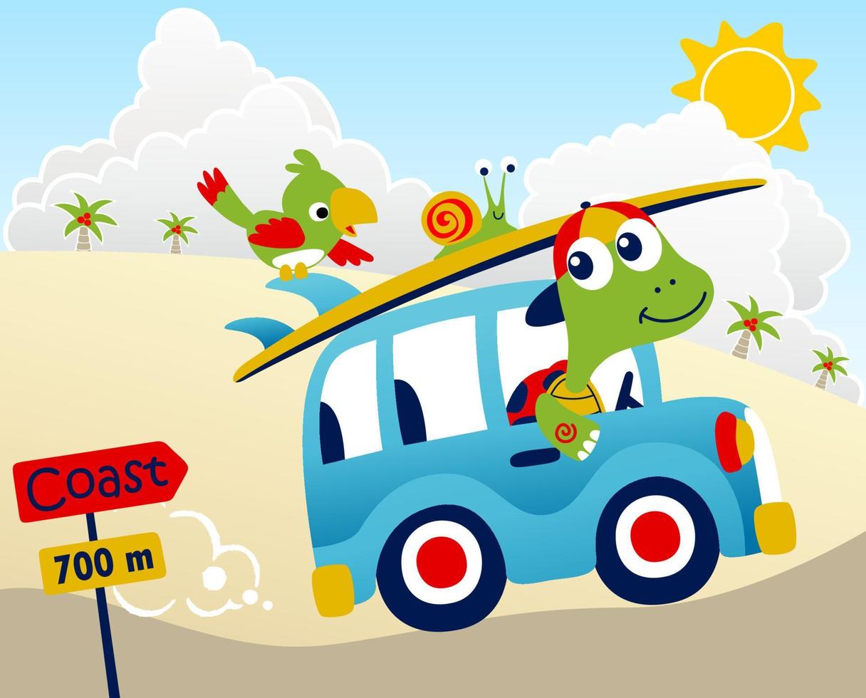 Cute turtle on car with snail and bird carrying surfboard, summer vacation, vector cartoon illustration