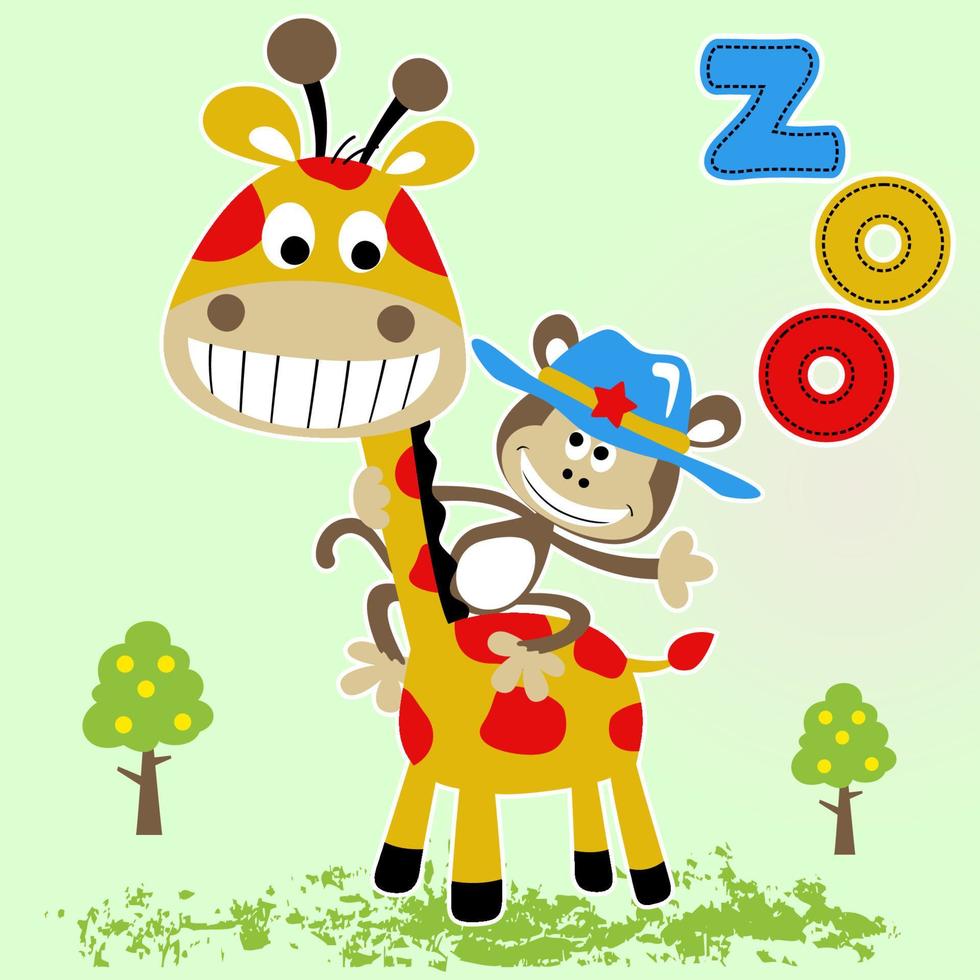 funny monkey with sheriff hat ride on giraffe, vector cartoon illustration