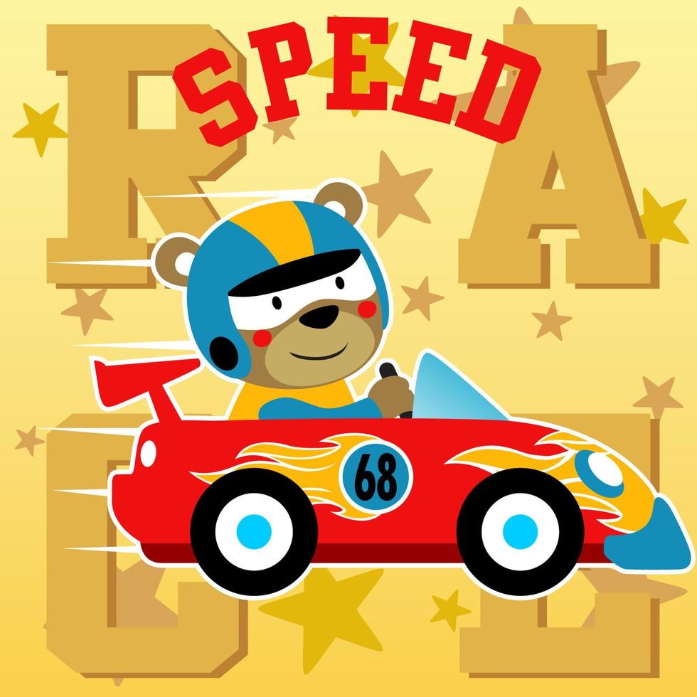 Funny bear on racing car on alphabet background, vector cartoon illustration