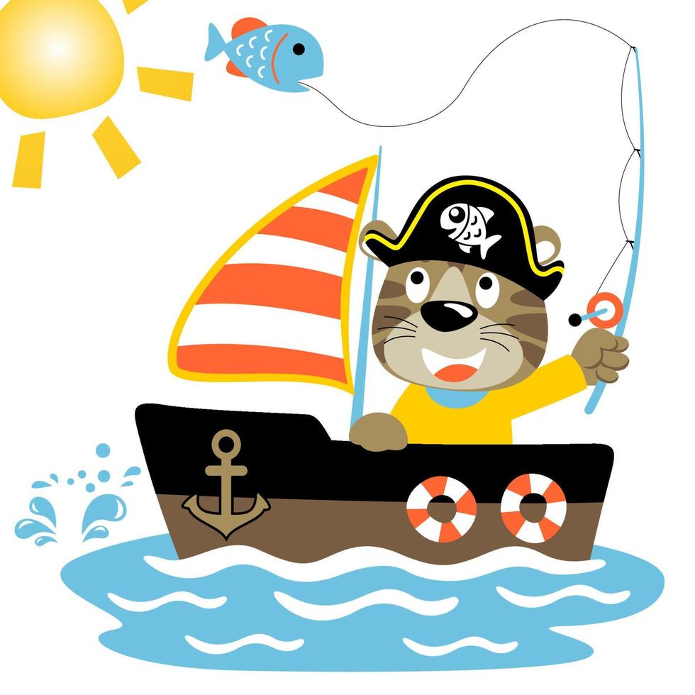 Funny cat in pirate costume fishing on boat, vector cartoon illustration