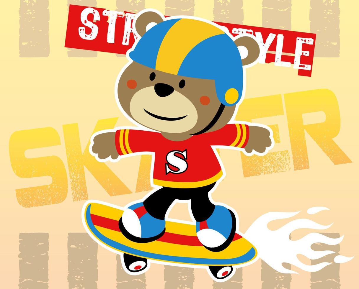Funny bear playing skateboard on typography background, vector cartoon illustration