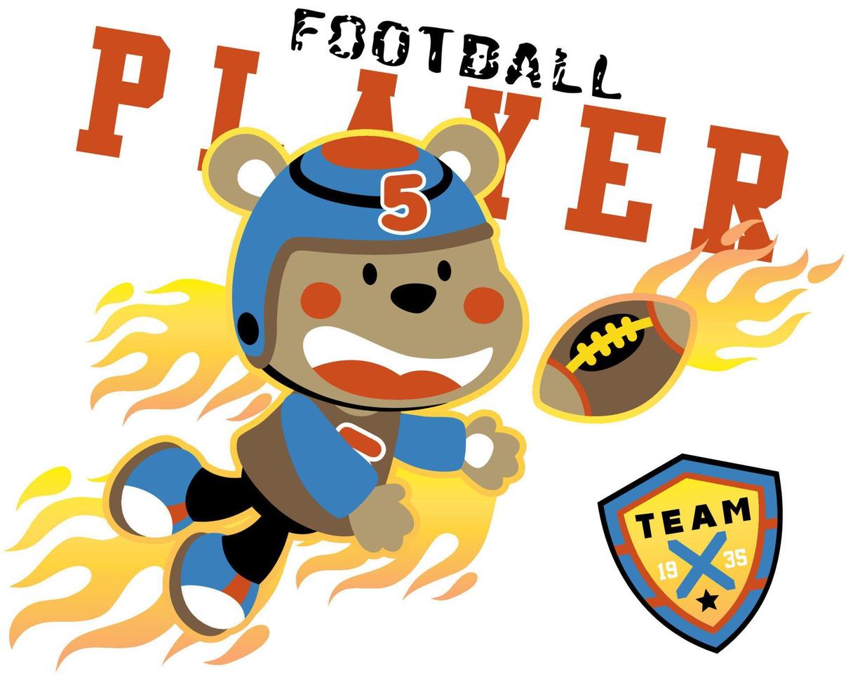 Cute bear playing rugby with flame and sport logo, vector cartoon illustration